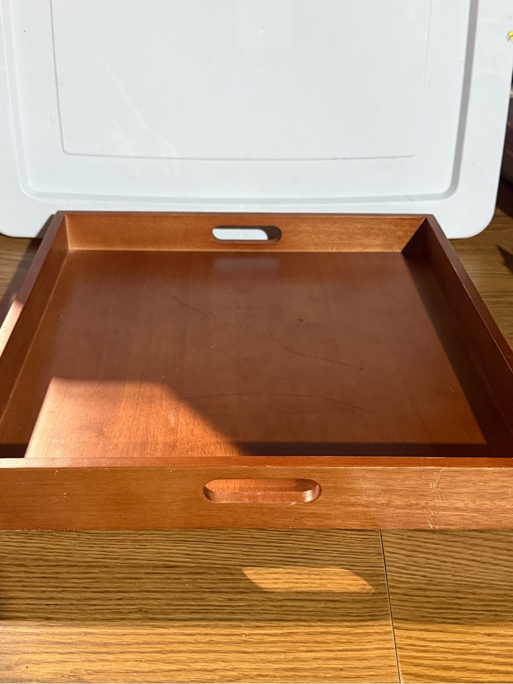 Square Wood Serving Tray w/ Handles, 16 in, Brown Matte Finish Modern
